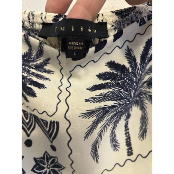 tropical boho Crop Top Women's L Monteau Linen Blue Palm Tree Print Elastic Back - Picture 3 of 5